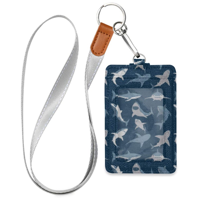 VIKKO Badge Holder, PU Leather ID Card Case Wallet with Neck Lanyard and Key Ring (Shark) - Image 1